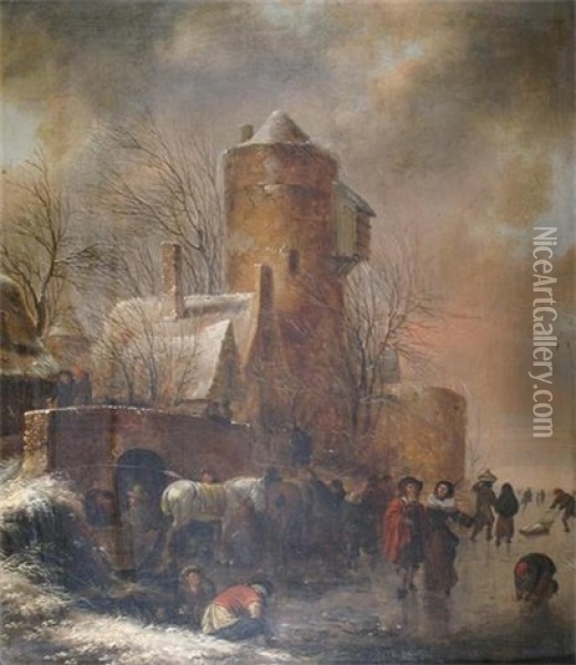Winter Landscape With Figures And Horses On A Frozen Lake Near A Tower Oil Painting - Nicolaes Molenaer