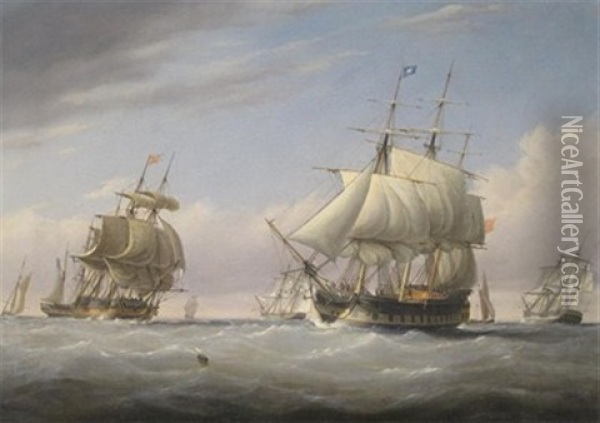 A Two Deck Man-o'war At Sea With Other Ships Oil Painting - Joseph Walter