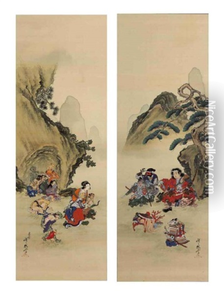 Momotaro Confronts Demons (pair) Oil Painting - Kawanabe Kyosai