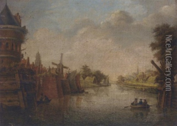 A Dutch Canal Side Town With Figures In A Boat Oil Painting - Theodor (Dirk) Verryck