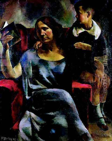 Kosztolanyi Dezsone fiaval, Adammal, 1923 Oil Painting - Vilmos Aba-Novak