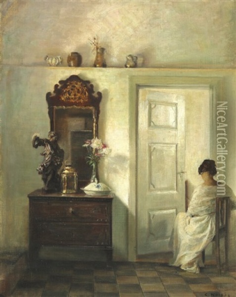 Interior With The Artist's Wife Seated At An Open Door Oil Painting - Carl Vilhelm Holsoe