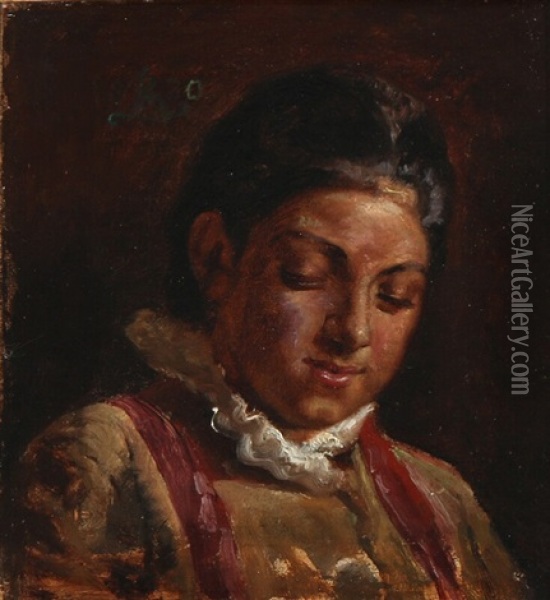 Female Head With Dark Hair Oil Painting - P.H. Kristian Zahrtmann