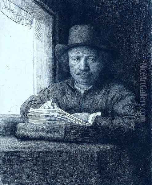 Rembrandt drawing at a window Oil Painting - Rembrandt Van Rijn