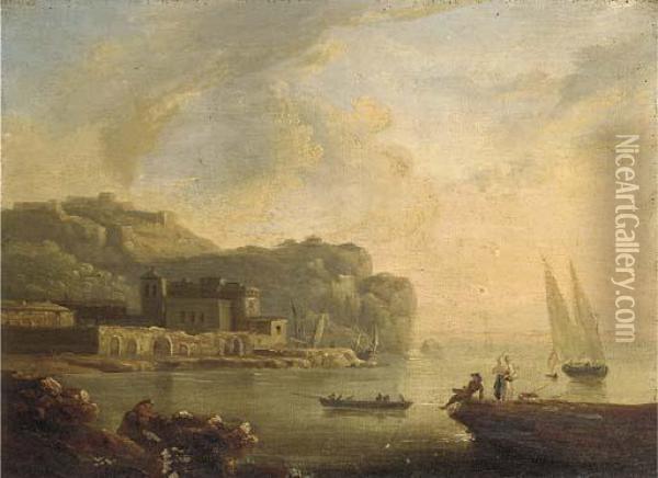 A Mediterranean Coastal Inlet With Fisherfolk In A Boat Oil Painting - Claude-joseph Vernet