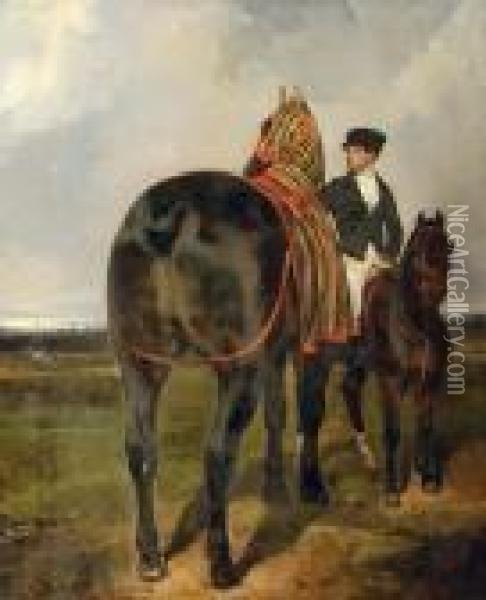 A Horse Held By A Mounted Groom, In A Landscape Oil Painting - Alfred De Dreux