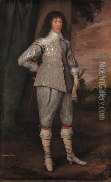 Portrait Of Dutton, 3rd Baron Gerard, Of Bromley, Staffordshire,full-length, In A Silver-grey Slashed Doublet And Hose, His Lefthand On The Hilt Of His Sword, His Right Hand Resting On A Cane, Bya Draped Curtain, In A Wooded Landscape With A Gentleman Rid Oil Painting - George Geldorp