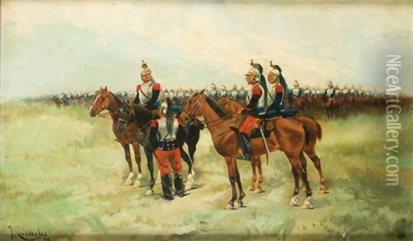 Soldados De Infanteria, 1890 Oil Painting - Josep (Jose) Cusachs y Cusachs