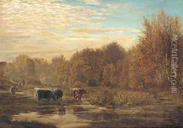 Cattle watering at sunset Oil Painting - William Simpson
