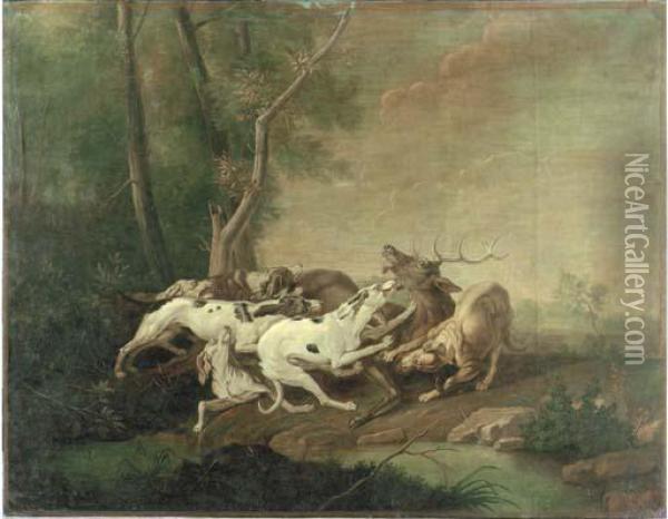 Hounds Attacking A Stag Oil Painting - Jean-Baptiste Oudry