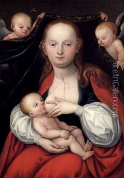 Maria Mit Dem Kinde Vor Einem Von Zwei Engeln Getragenen Vorhang Oil Painting - Lucas Cranach the Younger