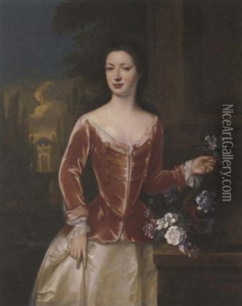 Portrait Of A Lady In A Pink Bodice And Oyster Satin Skirt, Holding A Sprig Of Orange Blossom In Her Left Hand, A Basket Of Flowers On A Ledge Beside Her, An Italianate Garden With A Fountain Beyond Oil Painting - John Verelst