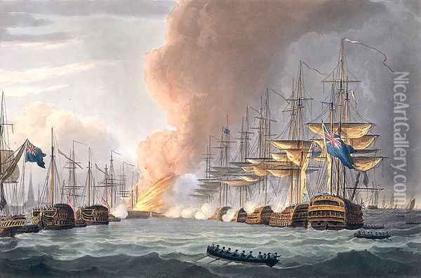 Destruction of the Danish Fleet before Copenhagen 1816 Oil Painting - Thomas Whitcombe