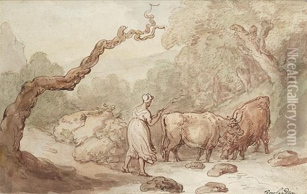 Young Girl Herding Cattle Oil Painting - Thomas Rowlandson