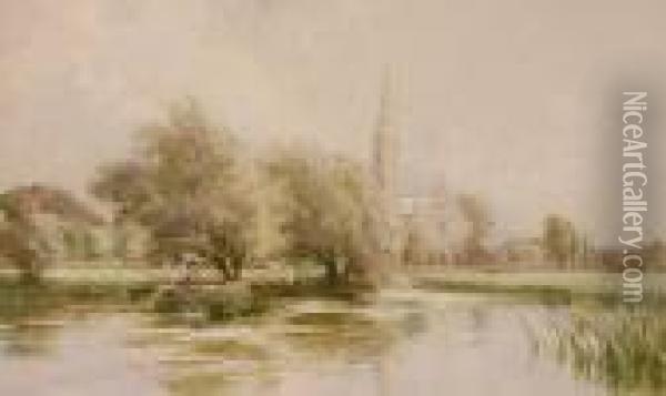 Man In A Punt Near Salisbury Cathedral Oil Painting - William Tatton Winter