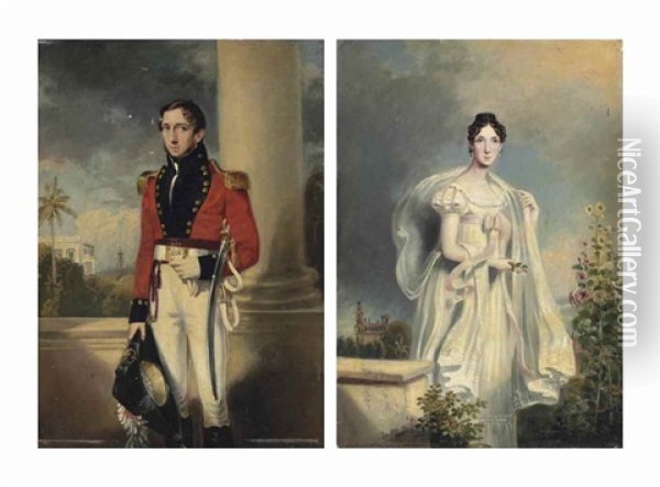 Portrait Of Mr Godolphin In The Uniform Of An Officer Of The Honourable East India Company, Standing Small Three-quarter Length, The Madras Waterfront Beyond; And Portrait Of Mrs Godolphin, Standing Small Three-quarter Length In A Garden With Hollyhocks,  Oil Painting - William Havell