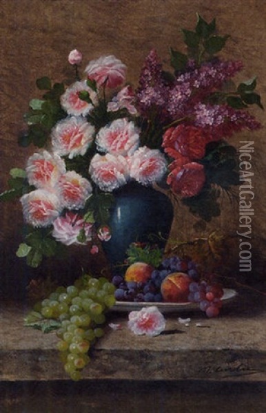 Roses, Lilacs In A Blue Vase With A Plate Of Fruit On A Stone Ledge Oil Painting - Max Carlier