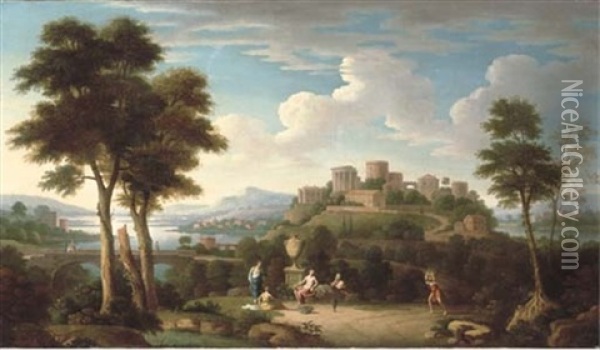 An Italianate Landscape With Elegant Figures By A Sculpted Urn And A Lady Crossing A Bridge With Classical Buildings Beyond Oil Painting - Hendrick Frans van Lint