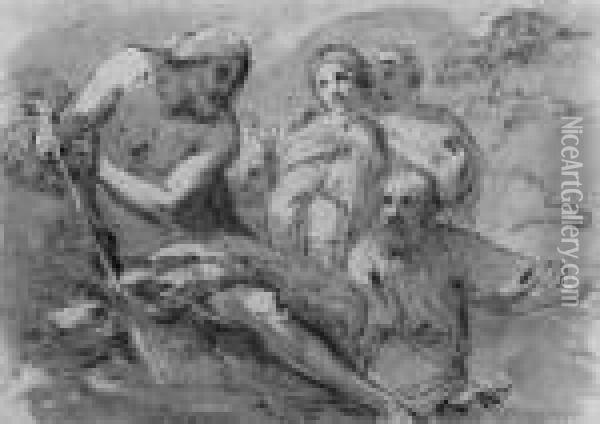 Johannes Der Taufer (verso: Landschaft Mit Wanderern). Oil Painting - Domenico Zampieri (Domenichino)