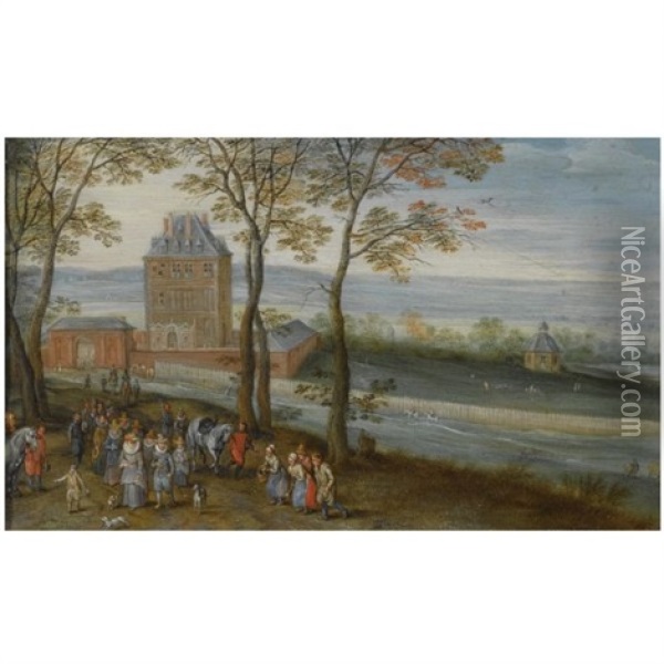 An Extensive Landscape With A View Of The Castle Of Mariemont, A Procession With The Archduke Albrecht, His Wife Isabella And Other Figures In The Foreground Oil Painting - Jan Brueghel the Elder