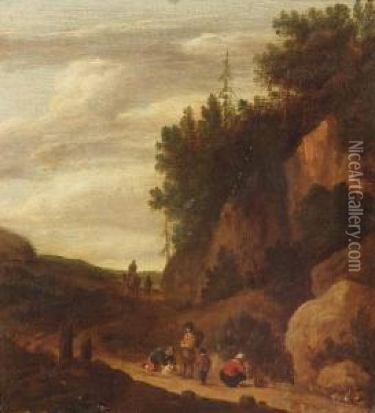 A Rocky Landscape With Figures Resting Near A Track Oil Painting - Claes Molenaar (see Molenaer)