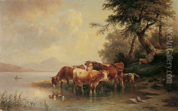 Gebirgssee Mit Kuhen Am Wasser Oil Painting - Edmund Mahlknecht