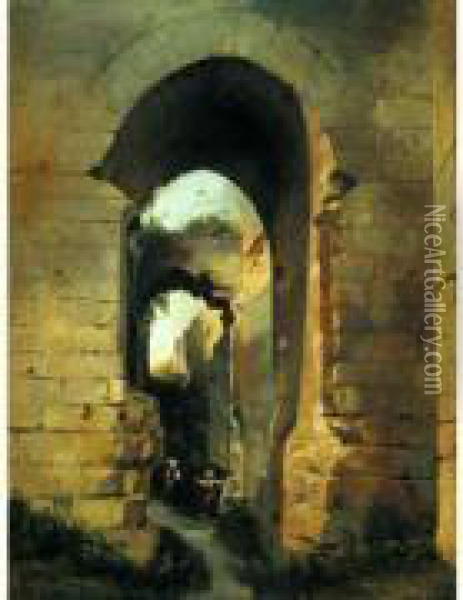 Jeunes Paysannes Dans Les Ruines D'un Porche Antique Oil Painting - Jules Louis Phillipe Coignet