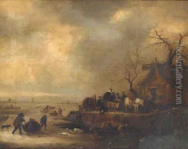 Figures on a frozen lake, with an inn on the bank Oil Painting - Dutch School