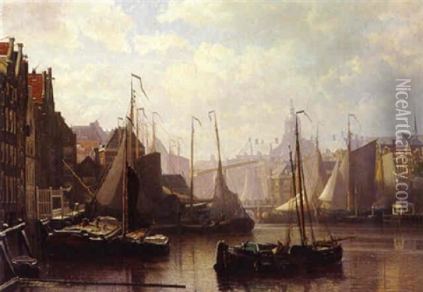 A View Of The Damrak, Amsterdam, With The Dam Palace Beyond Oil Painting - Johan Conrad Greive