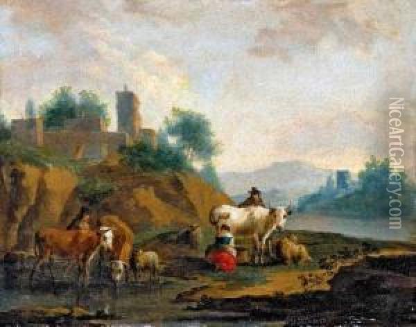 Flusslandschaft Mit Bauern Und Vieh. Oil Painting - Rembrandt Van Rijn