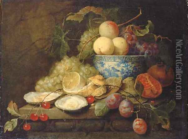 Oysters, plums, cherries, grapes, a lemon and a pomegranate on a stone ledge, with peaches and grapes Oil Painting - Joris Van Son