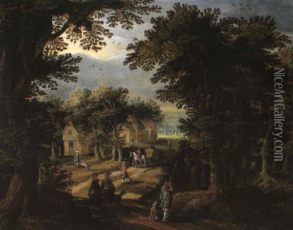 A Sportsman And An Elegant Couple On A Wooded Track Near A Village Oil Painting - Gillis Van Coninxloo III