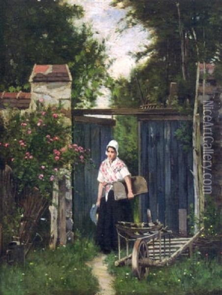 By The Gate Oil Painting - Adrien Jacques Sauzay