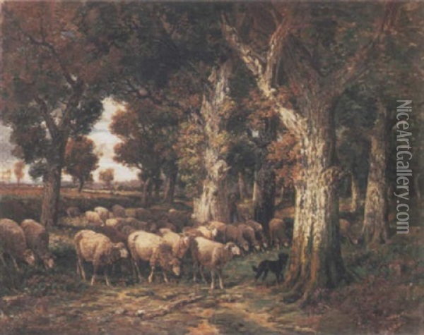 Shepherdess With Her Flock In A Forest Oil Painting - Charles Emile Jacque