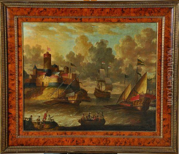 l'arrivee De Caravelles Hollandaises A Candie (en Crete) Oil Painting - Willem van de, the Elder Velde