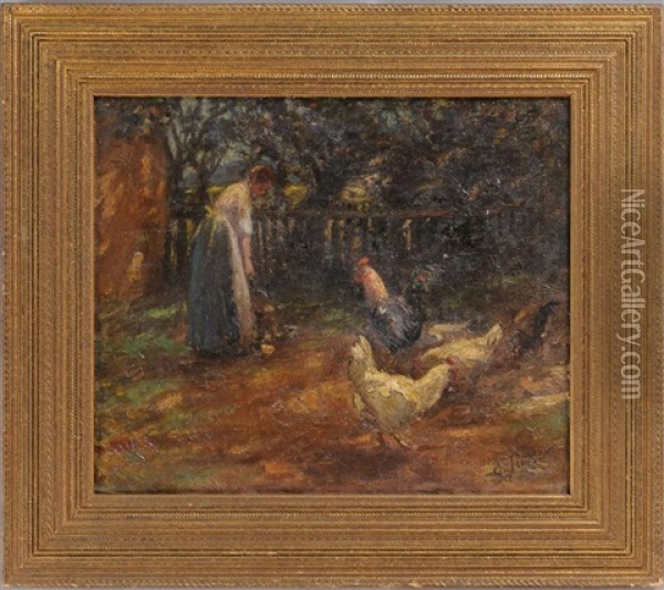 Feeding The Chickens Oil Painting - George Benjamin Luks