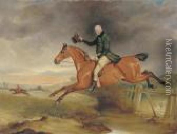 Portrait Of George Marriot On His Bay Hunter Taking A Fence With A Hunt Beyond Oil Painting - John Snr Ferneley
