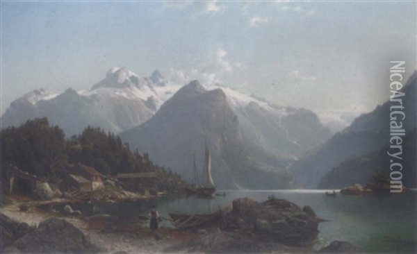 A Norwegian Fjord Landscape Oil Painting - Johannes Bartholomaeus Duntze
