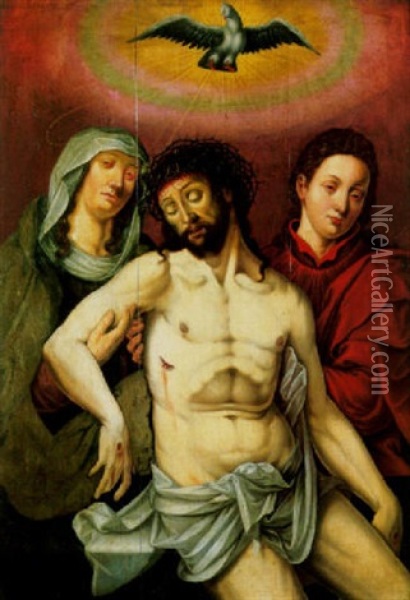 The Virgin And Saint John The Evangelist Supporting The Dead Christ, The Holy Spirit Above Oil Painting - Maerten Jacobsz van Heemskerck