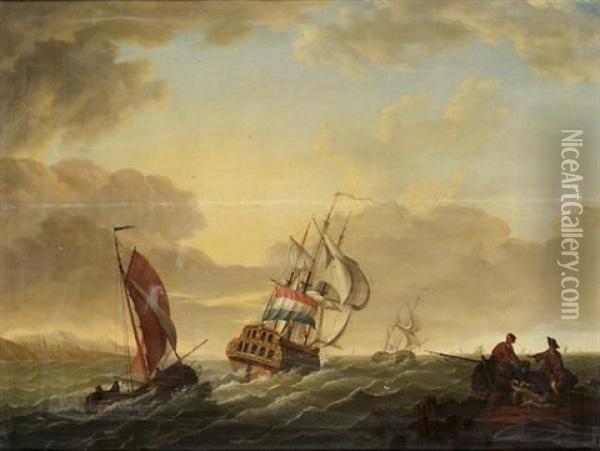 A Dutch Man-o'war And Smalschips Off A Coastline, With Fishermen And A Beached Fishing Boat On An Outcrop Oil Painting - Dionys van Dongen