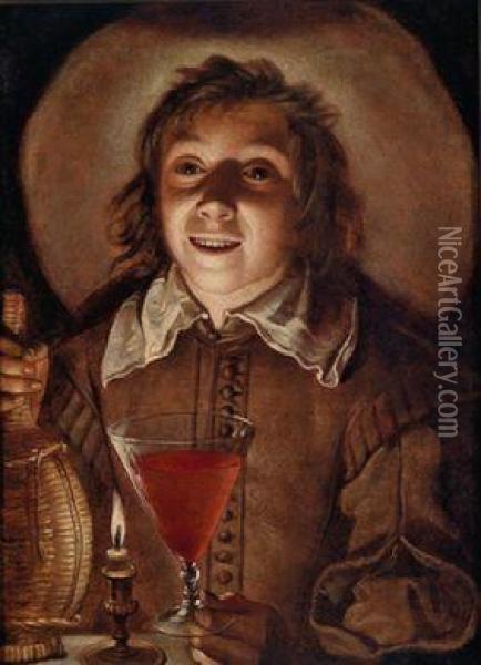 Ein Knabe Bietet Im Kerzenschein Ein Weinglas An Oil Painting - Hendrick Coster