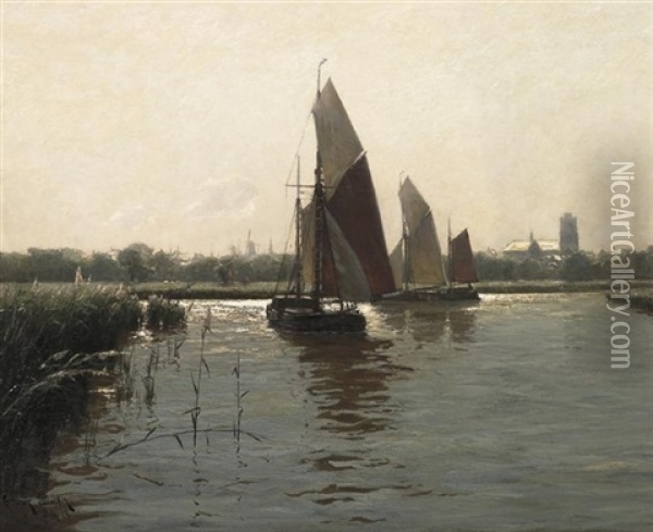 Dordrecht. Zwei Lastensegler Auf Einem Kanal Oil Painting - Erwin Carl Wilhelm Guenther