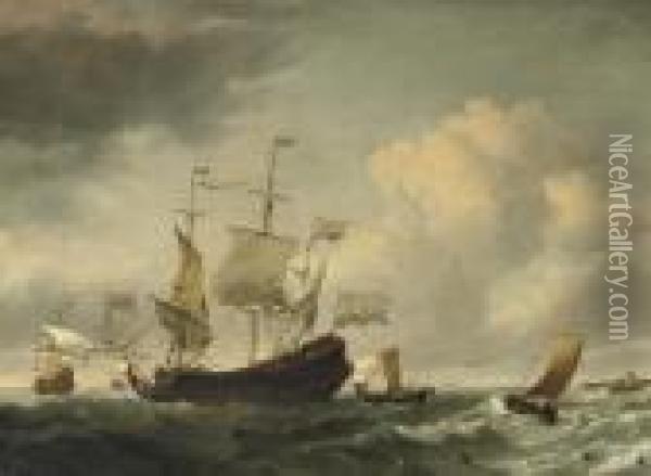 A Dutch Flagship Coming To An Anchor With Other Ships In Calm Waters Oil Painting - Willem van de, the Elder Velde
