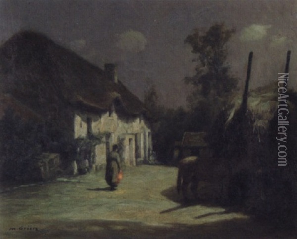 European Village Under Moonlight Oil Painting - Maurice Grun