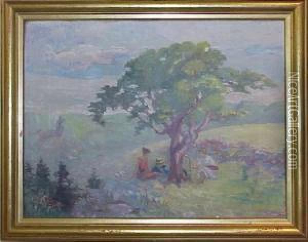 Picnic Scene With Woman At Easel Oil Painting - Herman T. Schladermundt