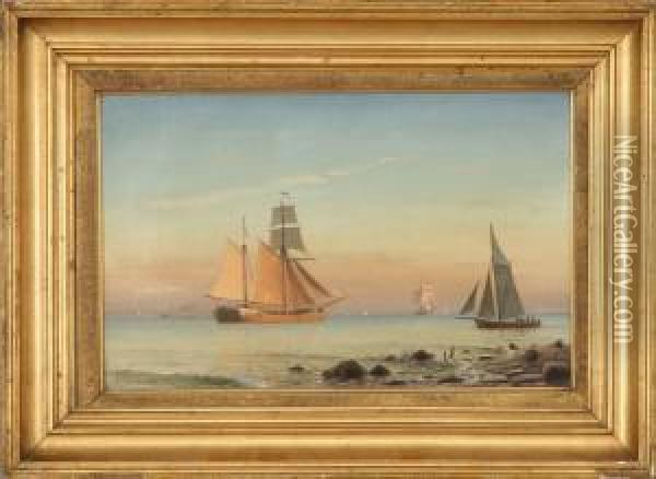 Ships At Sea In The Evening Sun. Signed C. Eckardt 77 Oil Painting - Christian Eckardt