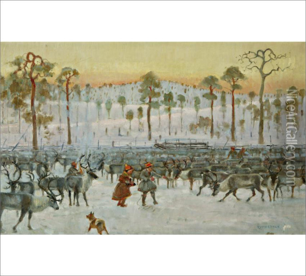 Reindeer Enclosure Oil Painting - Juho Kyyhkynen