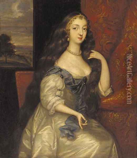 Portrait of a lady, seated small three-quarter-length, in a white dress and blue scarf, by a red curtain Oil Painting - Jacob Huysmans