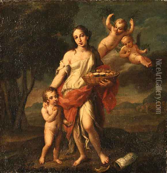 A Woman holding a Basket of Fruit with a Child and Putto Oil Painting - Marcantonio Franceschini
