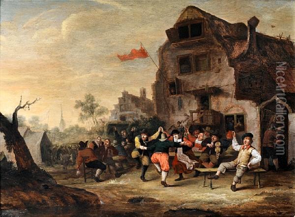 Figures Dancing And Drinking Before A Countryinn Oil Painting - Frederik Hendrik Hendriks